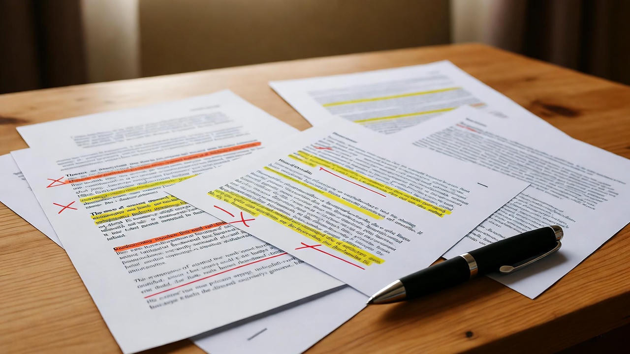 Printed research papers with highlighted text, red underlines, and correction marks spread out on a wooden desk beside a black pen, representing academic editing, proofreading, manuscript review, and detailed document analysis for writing improvement.